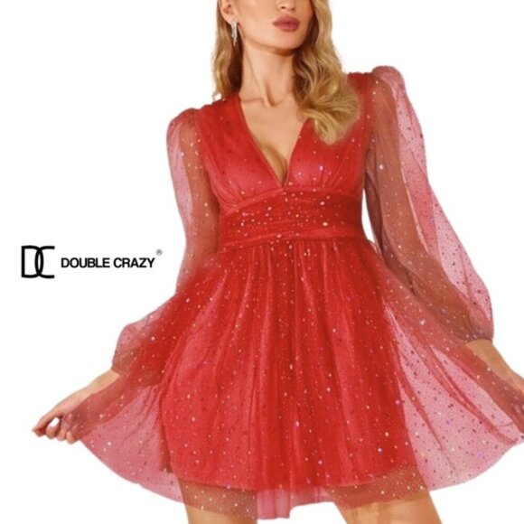 Double Crazy Dresses & Skirts - Double Crazy Puff Sleeve Ruched Waist Sheer Mesh Overlay Dress - Size 3XL